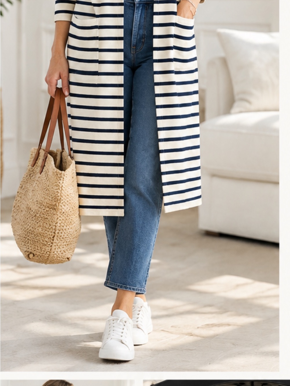 SAINT-JAMES Navy and Cream Striped Open-Front Cardigan Size 36